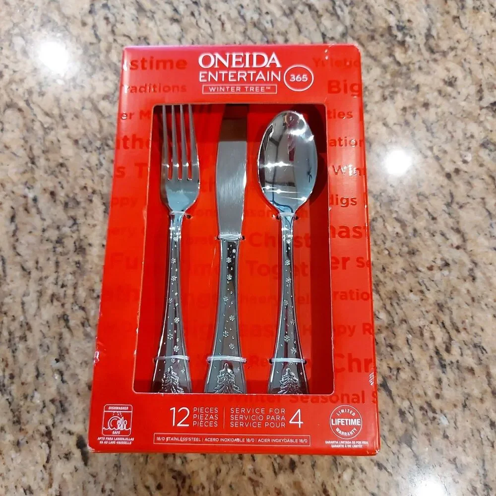 NIB ONEIDA WINTER TREE Holiday Design 12 Pc Stainless Flatware Set Service for 4